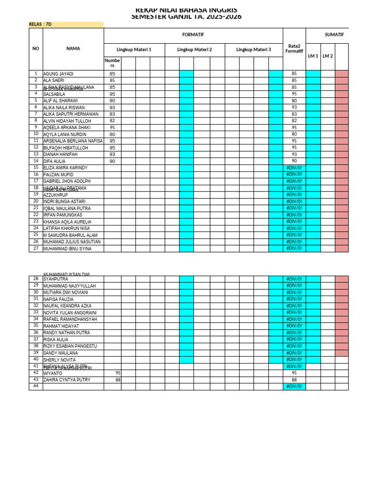 Rekap Nilai B. Inggris 7D-G Ganjil TA. 25-26 | PDF