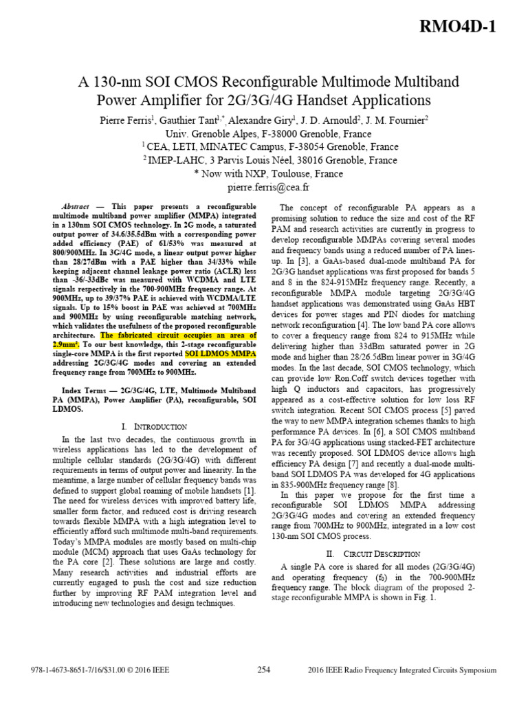 130nm SOI CMOS Reconfigurable PA Design | PDF | Mosfet | 4 G