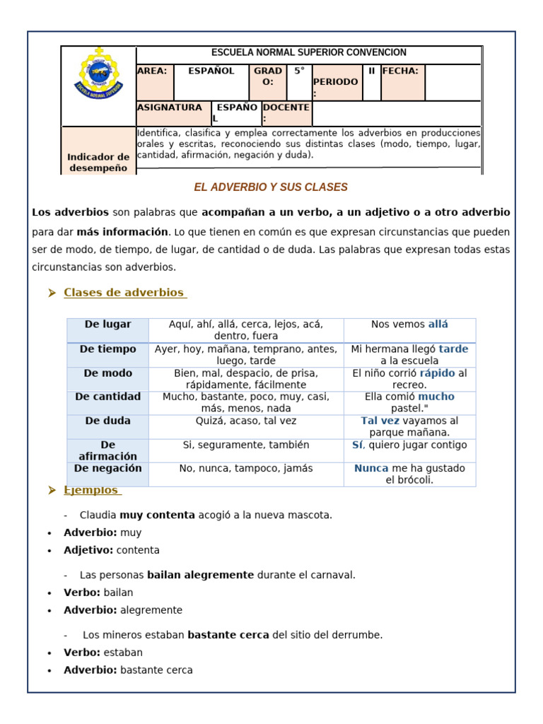 Fichas sobre el adverbio y sus clases | PDF | Adverbio | Mecánica del ...