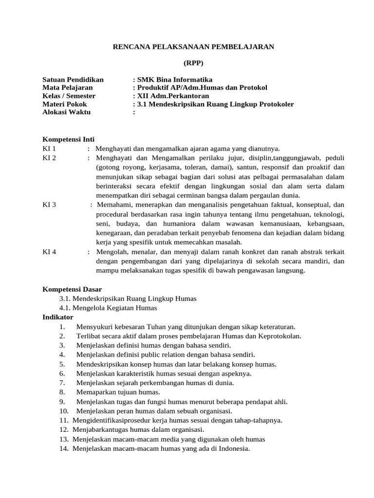RPP Humas dan Protokol SMK Bina Informatika | PDF
