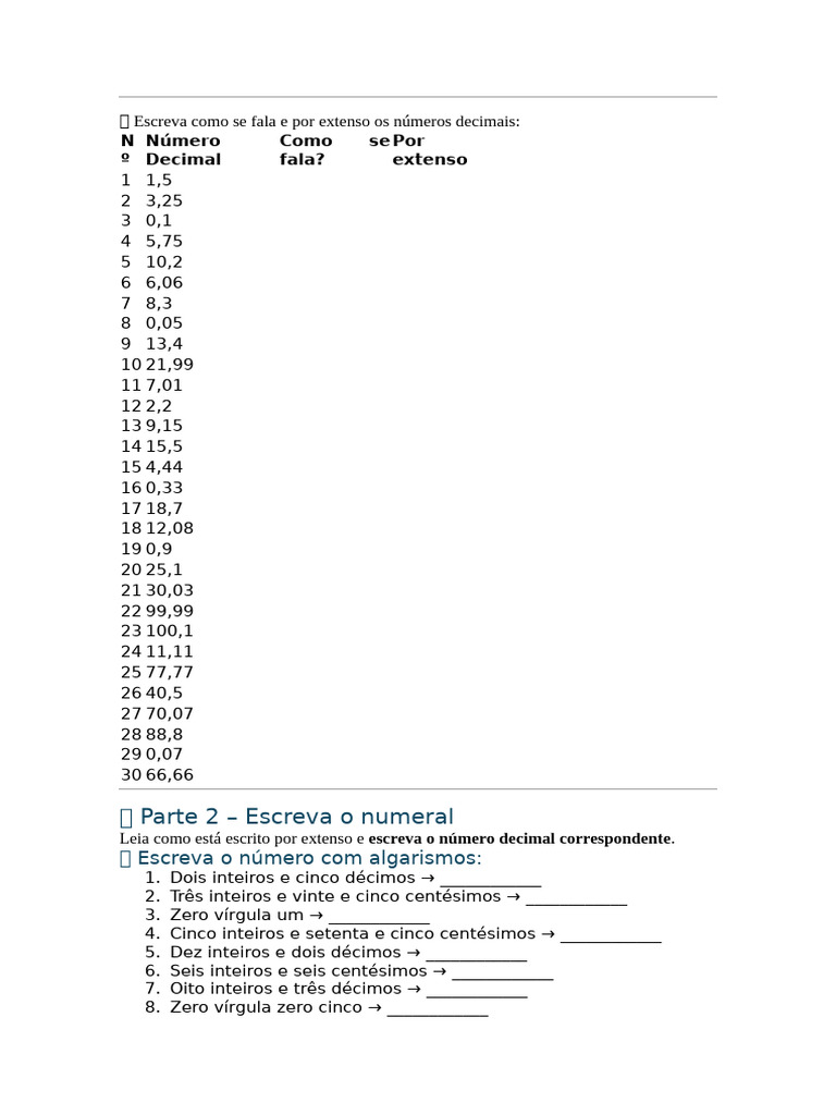 Números Decimais por Extenso | PDF