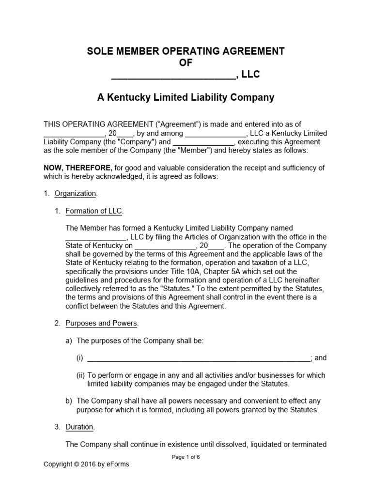 Kentucky LLC Sole Member Agreement | PDF | Limited Liability Company ...