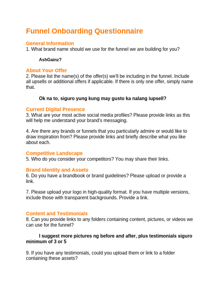 Funnel Onboarding Questionnaire Guide | PDF | Brand | Human Communication