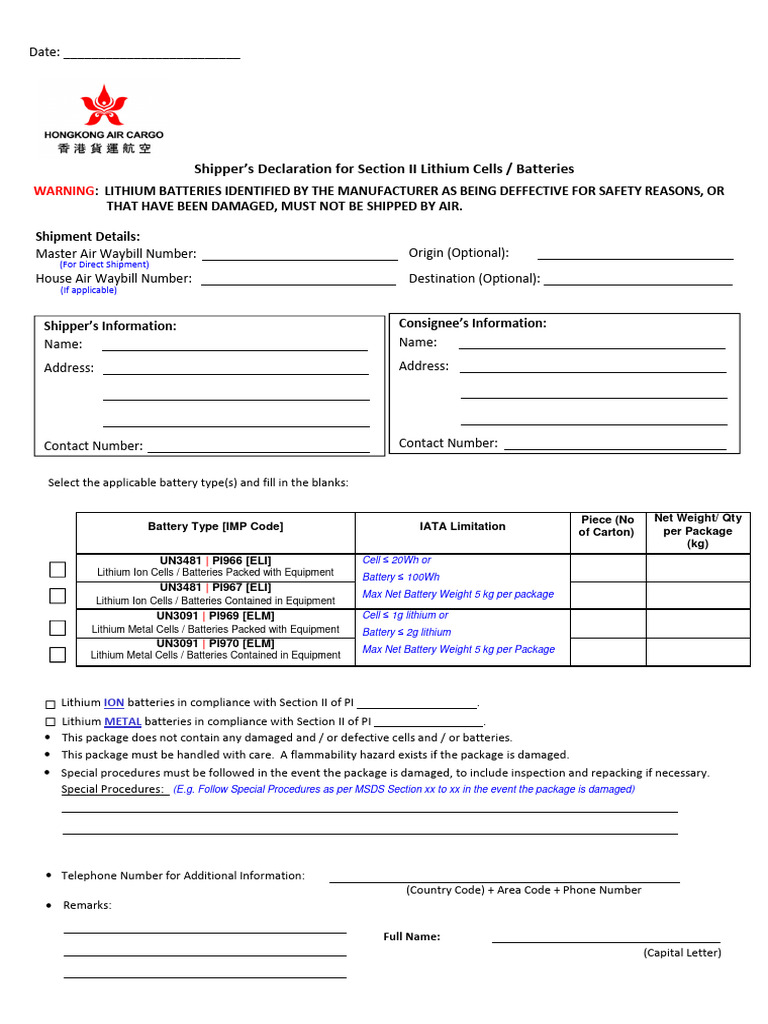 Form Pin HX New HKC-LIH - Declaration | PDF | Lithium Ion Battery | Lithium