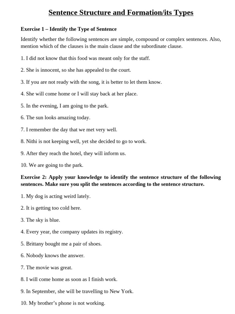 Sentence Structure: Types and Exercises | PDF | Linguistics | Language ...