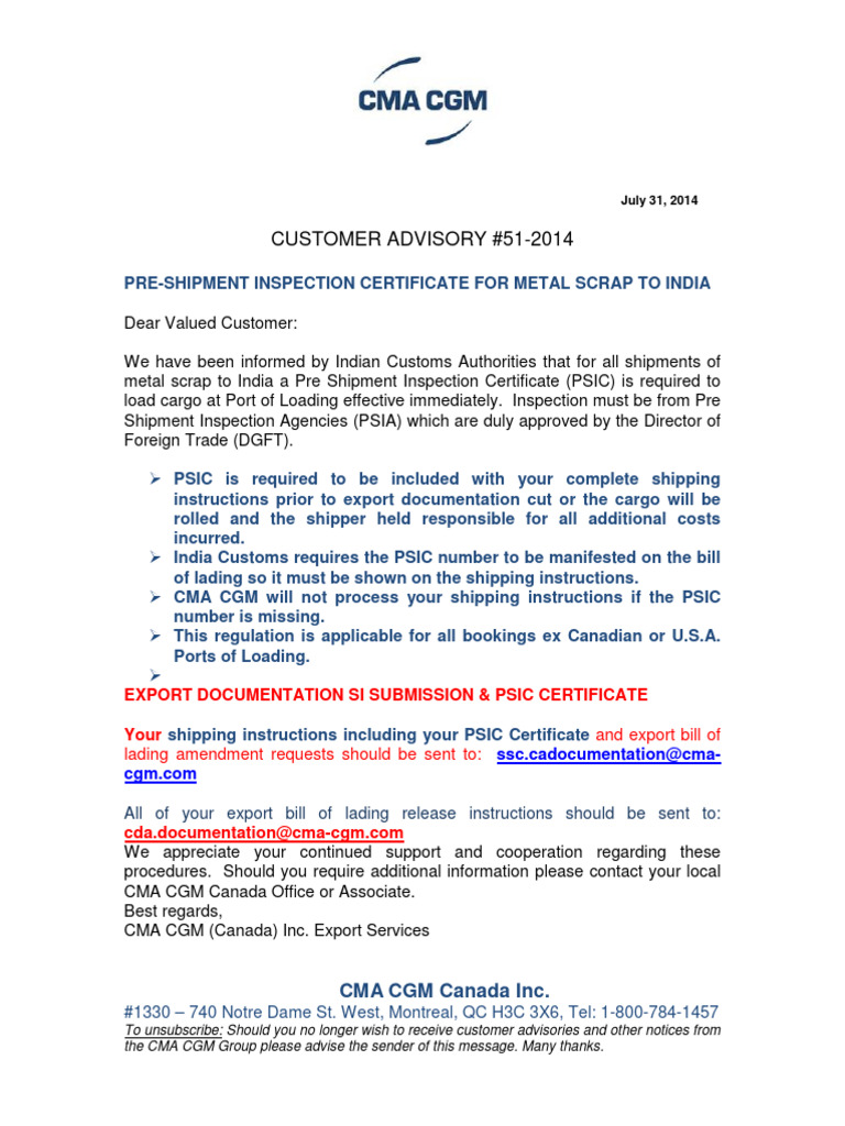 PSIC Requirement for Metal Scrap to India | PDF