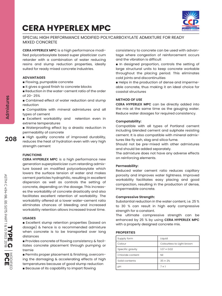 CERA HYPERLEX MPC: High-Performance Admixture | PDF | Concrete | Cement