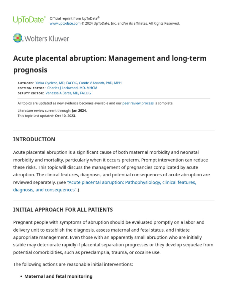 Acute Placental Abruption Management Guide | PDF | Childbirth | Coagulation