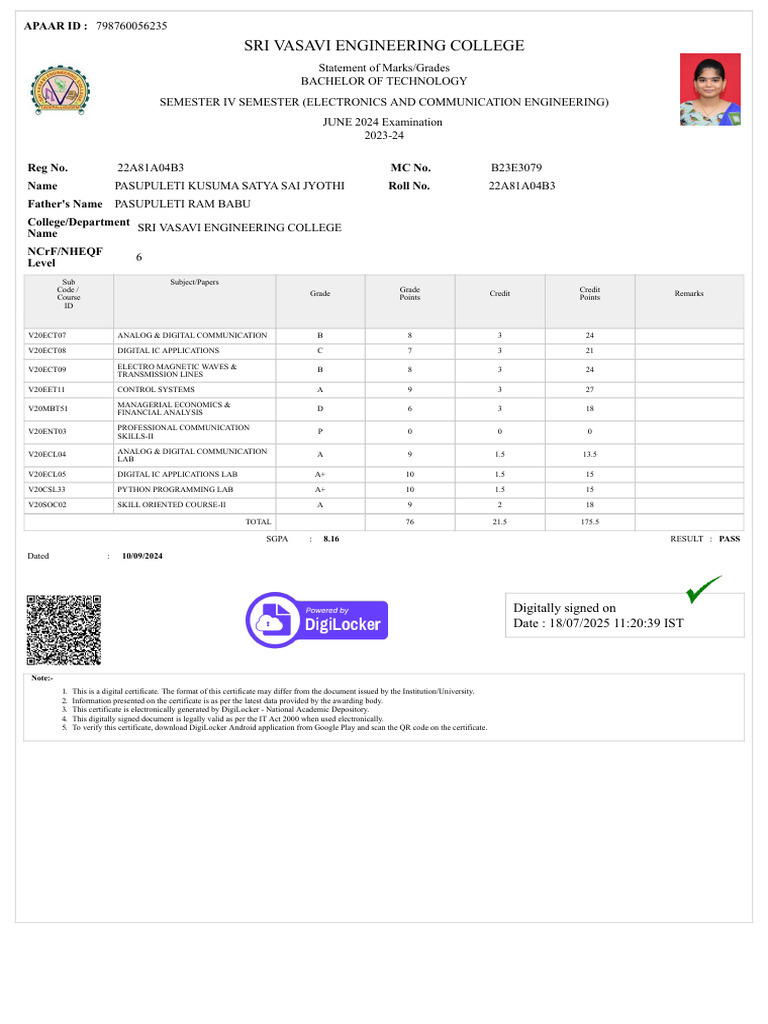 B.Tech Semester IV Marks Certificate | PDF | Computing
