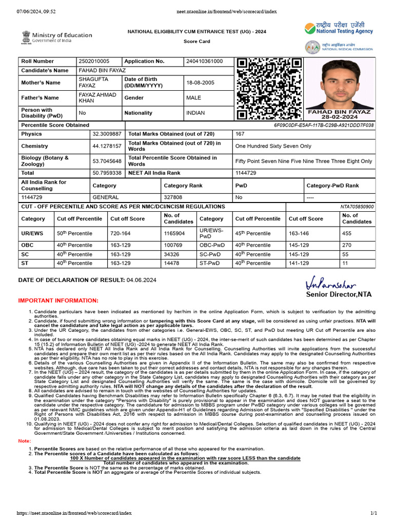 NEET 2024 Score Card Details | PDF