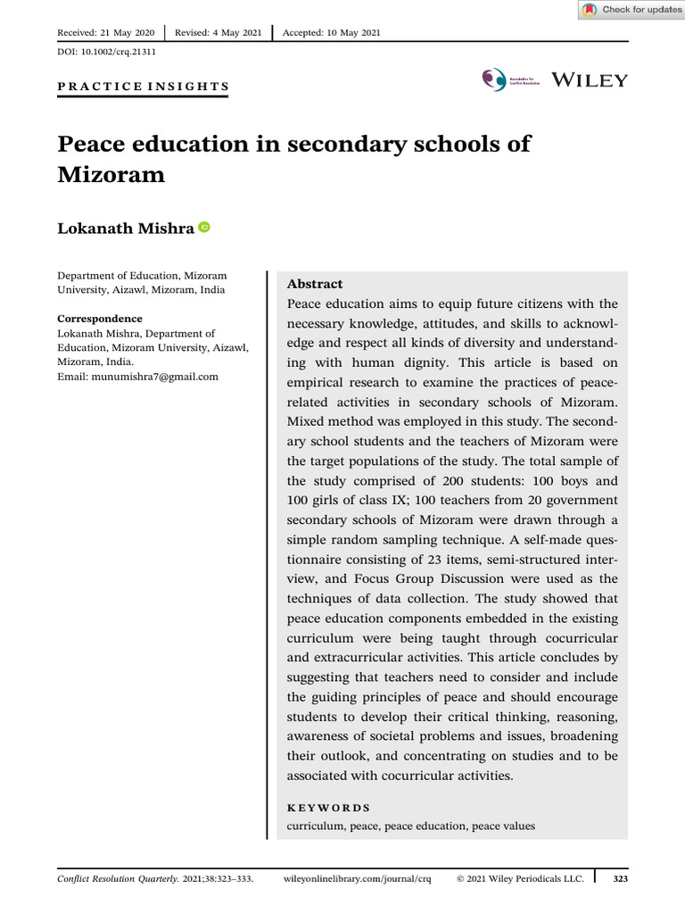 Peace Education Practices in Mizoram Schools | PDF | Teachers | Peace