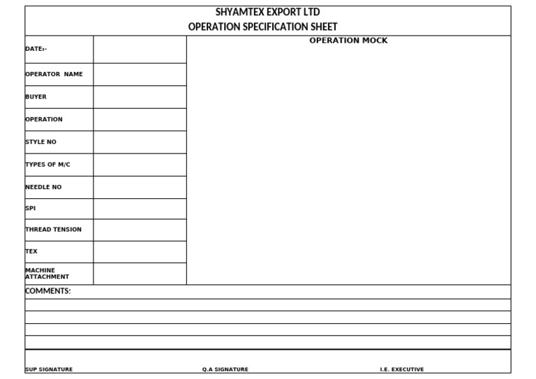 Shyamtex Export Operation Specs Sheet | PDF