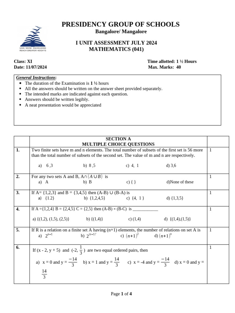 Class XI Mathematics Assessment July 2024 | PDF | Mathematics ...