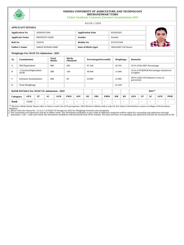 OUAT UG Admission Rank Card 2025 | PDF | Educational Stages ...