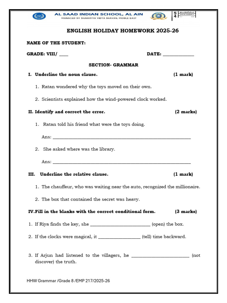 Grade 8 English Grammar Homework 2025-26 | PDF