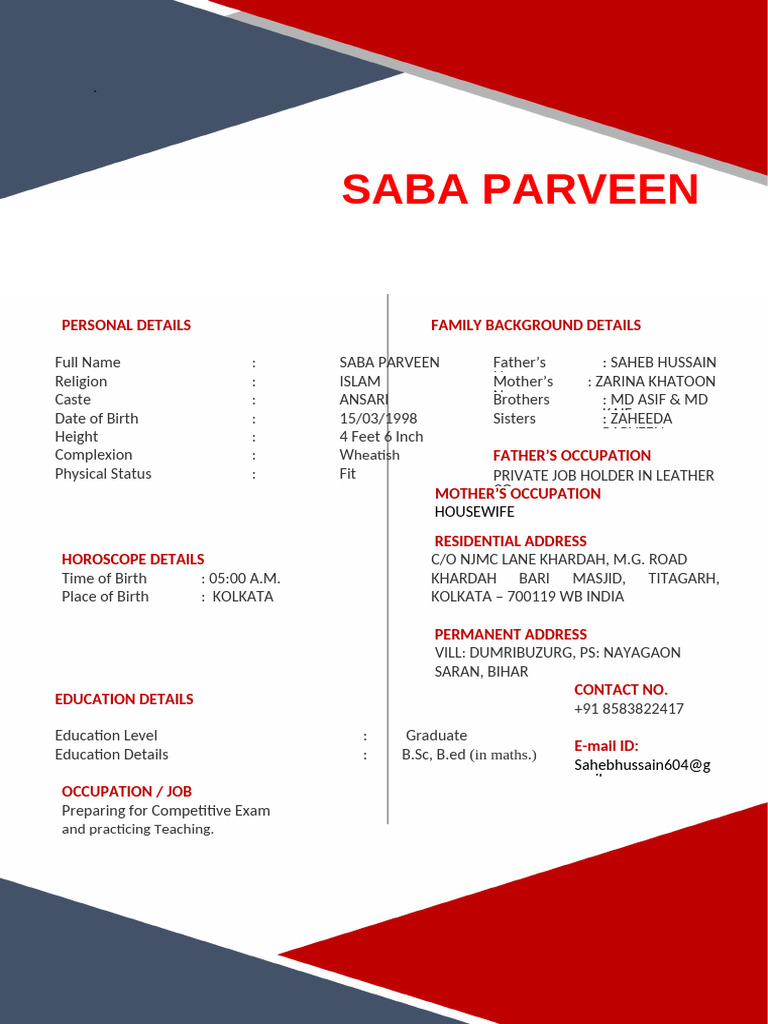 Saba Parveen: Personal & Educational Profile | PDF