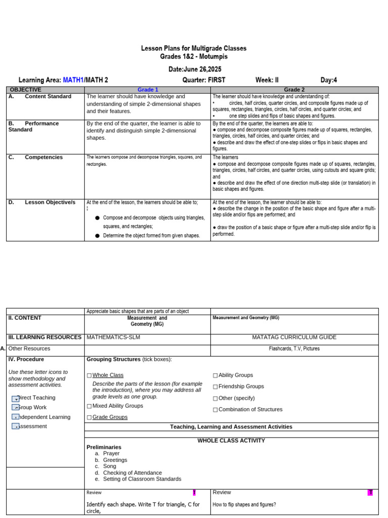 Multigrade Math Lesson Plans: Shapes | PDF | Shape | Drawing