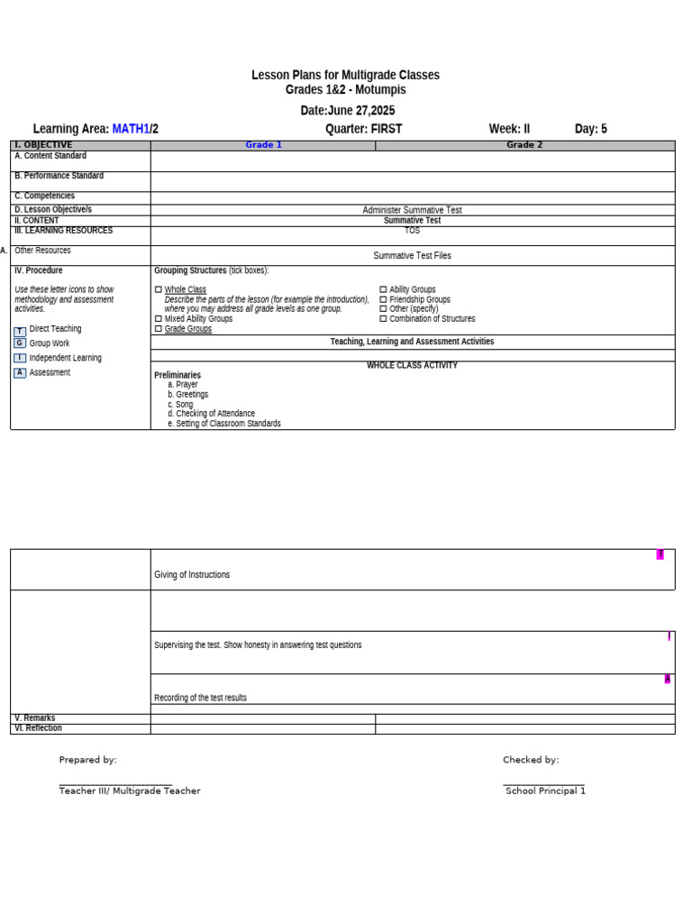 Inclusive Lesson Plan for Grades 1&2 | PDF | Educational Assessment ...
