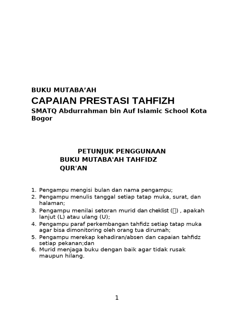 Buku Mutaba'ah Tahfizh Qur'an SMATQ | PDF