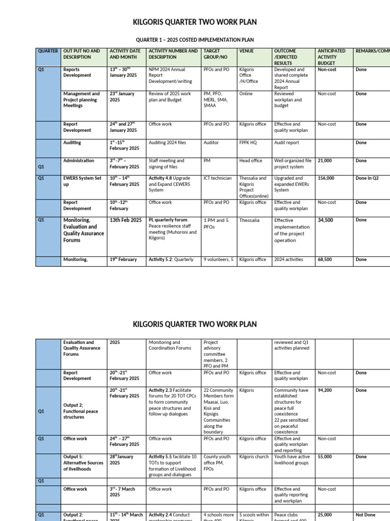 Kilgoris Q2 2025 Work Plan Overview | PDF