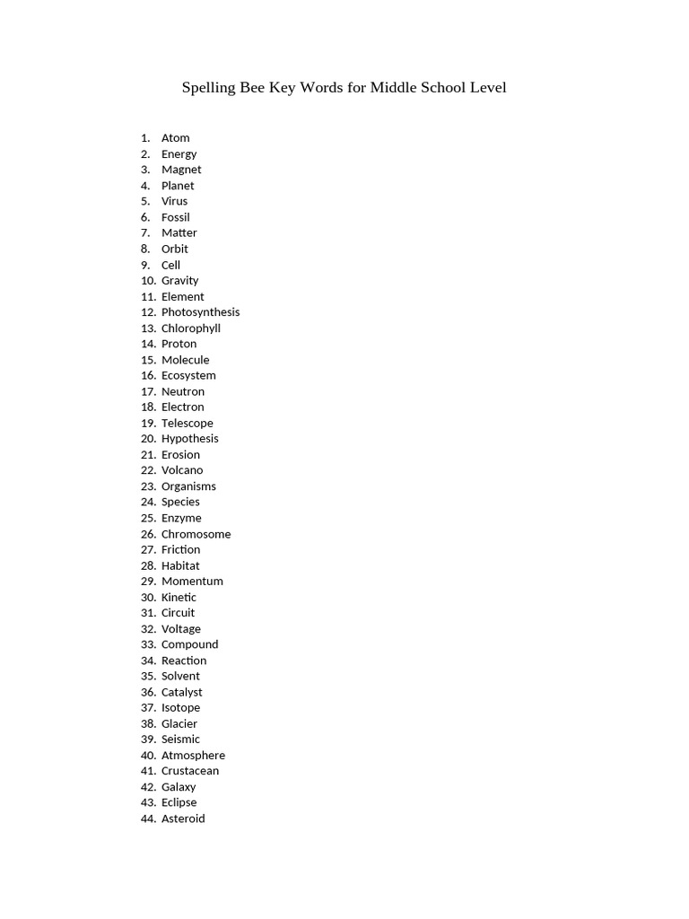 Middle School Science Spelling Bee Words | PDF | Alkane | Hydrogen