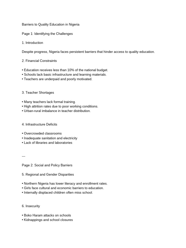 Barriers to Quality Education in Nigeria | PDF