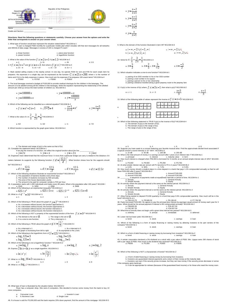 General Mathematics Diagnostic Test | PDF | Bonds (Finance) | Interest