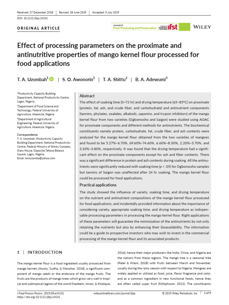 Mango Kernel Flour Processing Effects | PDF | Natural Products ...