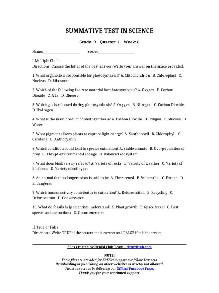 Grade 9 Science Summative Test | PDF | Photosynthesis | Plants