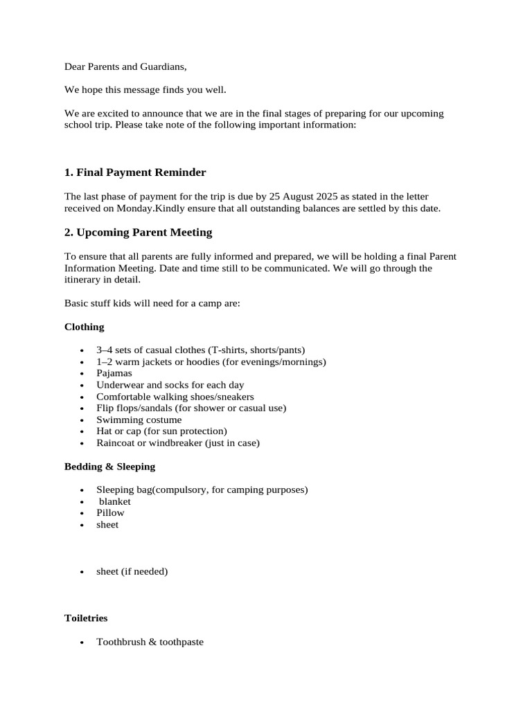 Final Trip Payment and Packing List | PDF
