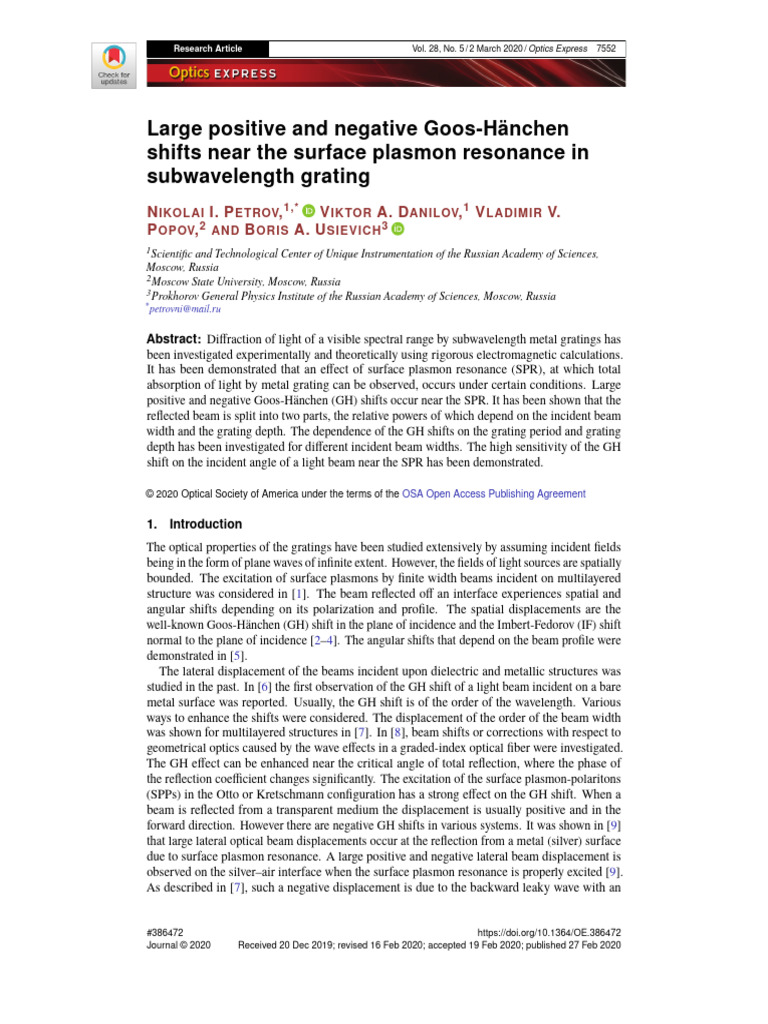 Large Positive and Negative Goos-Hanchen Shifts Ne | PDF | Surface ...