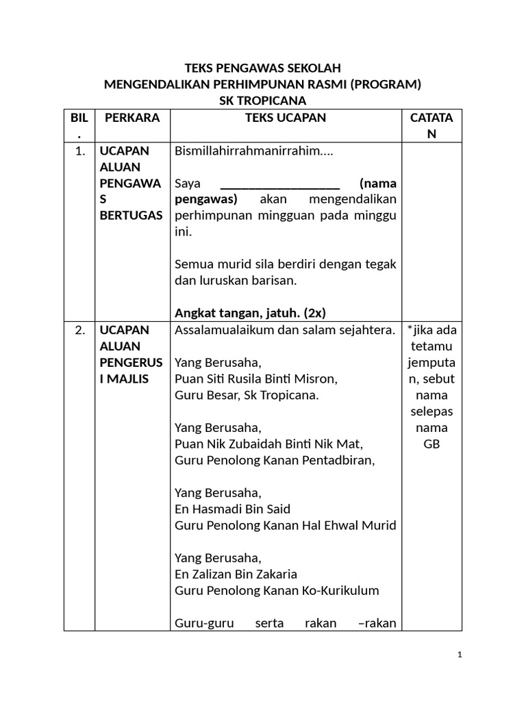 Ucapan Perhimpunan Rasmi SK Tropicana | PDF