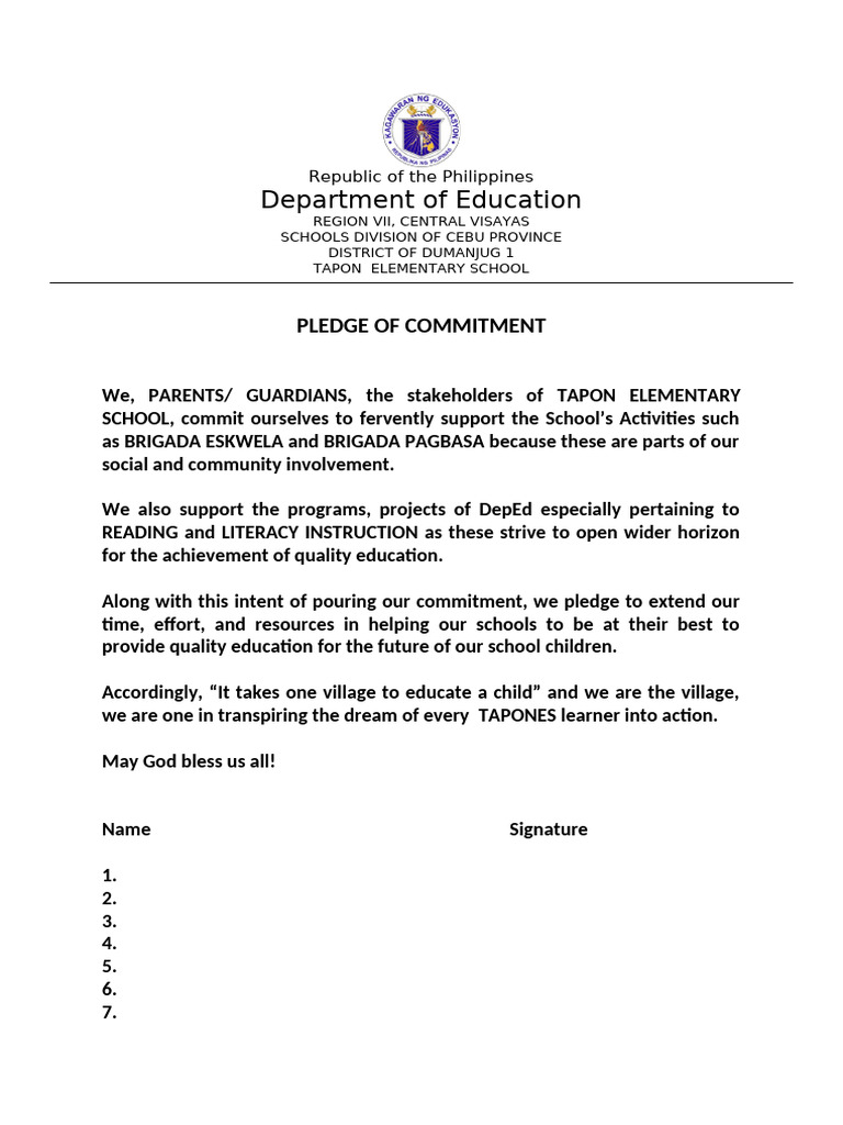 Tapon Elementary School Commitment Pledge | PDF