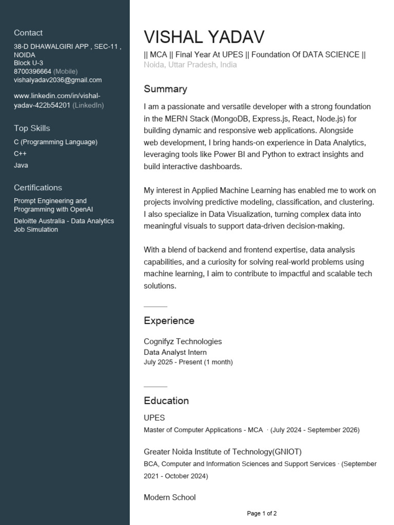 Vishal Yadav: Developer & Data Analyst | PDF | Computing | Information ...