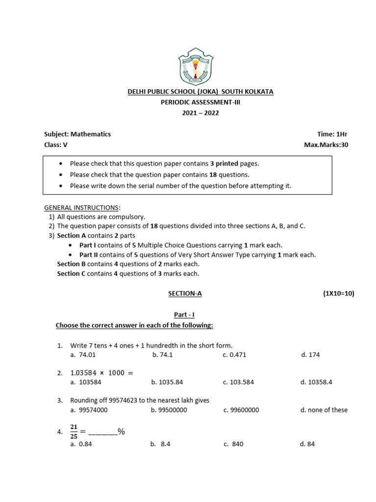 Class V Mathematics Assessment Paper | PDF