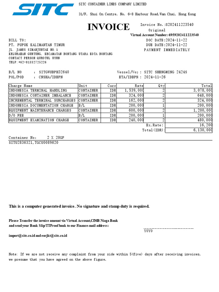 SITC Invoice for Container Charges | PDF | Payments