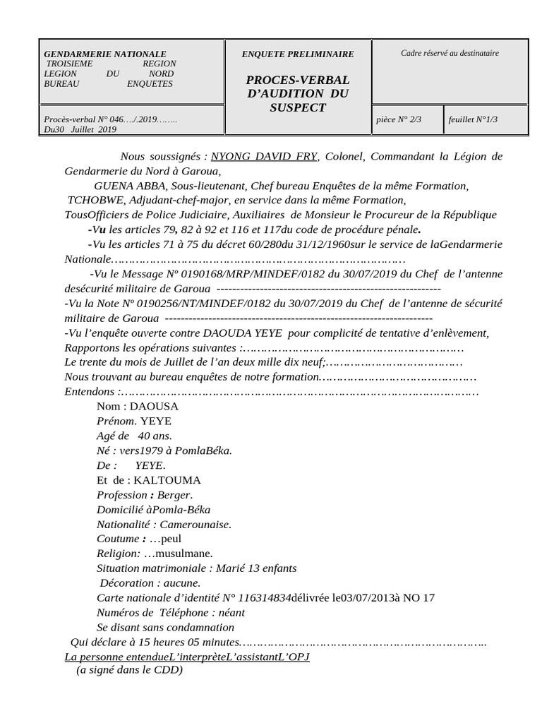 Procès-verbal d'audition du suspect | PDF | Enquête préliminaire en ...