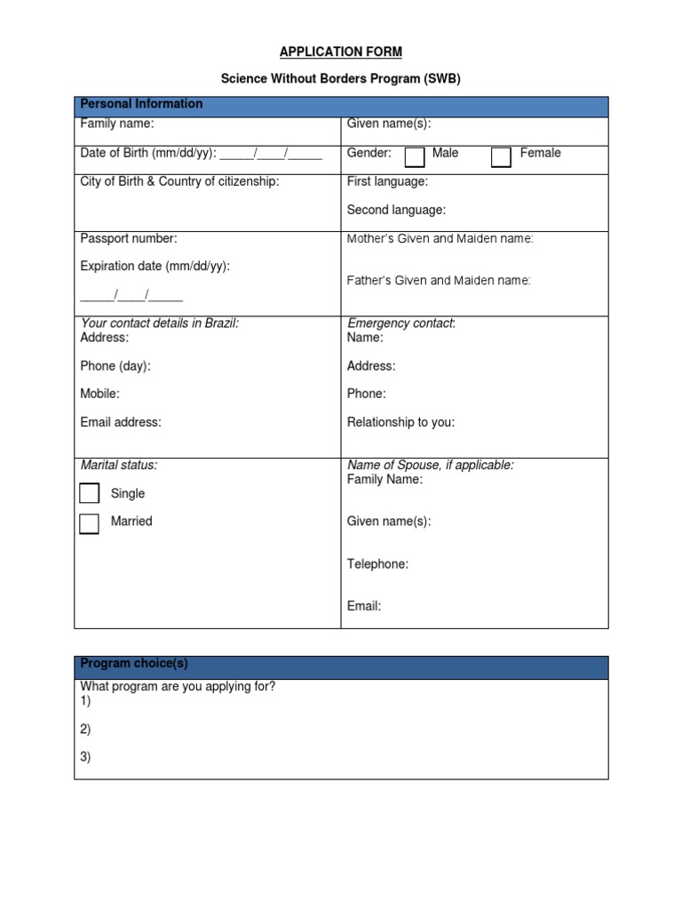 Application Form Science Without Borders Program (SWB) Personal ...