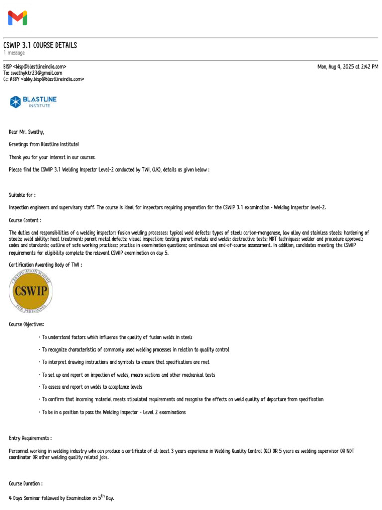 CSWIP 3.1 Course Overview and Schedule | PDF | Welding | Construction