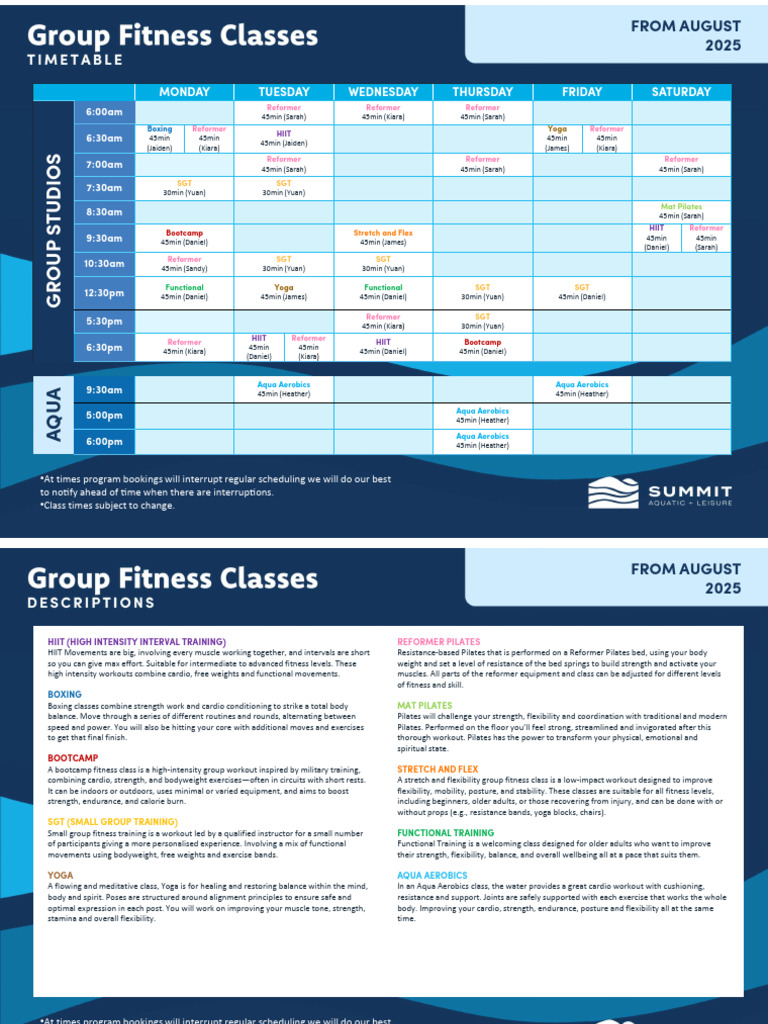 Summit AL GX Timetable 08.25 | PDF | Pilates | Physical Fitness