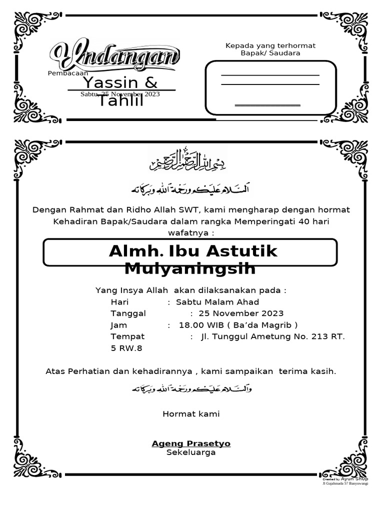 Undangan Yassin & Tahlil 40 Hari Almh. Astutik | PDF