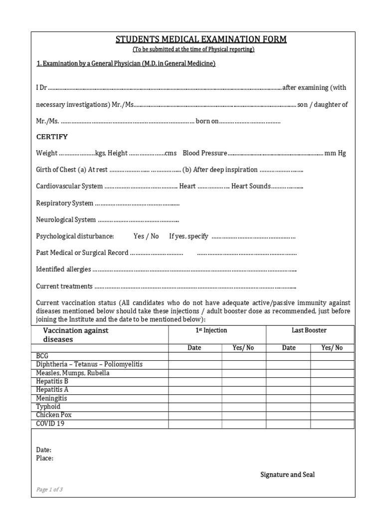 Student Medical Examination Form | PDF | Vaccines | Public Health