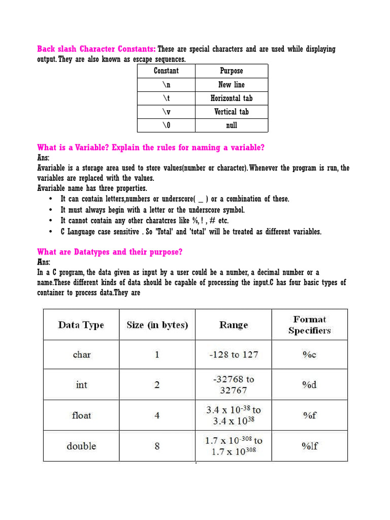 C Programming: Escape Sequences & Variables | PDF | Variable (Computer ...