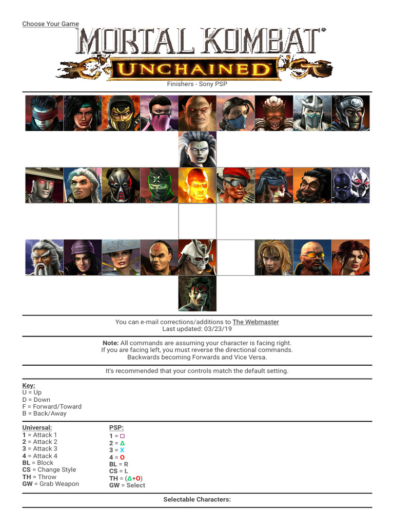 Mortal Kombat Unchained Fatalities List | PDF