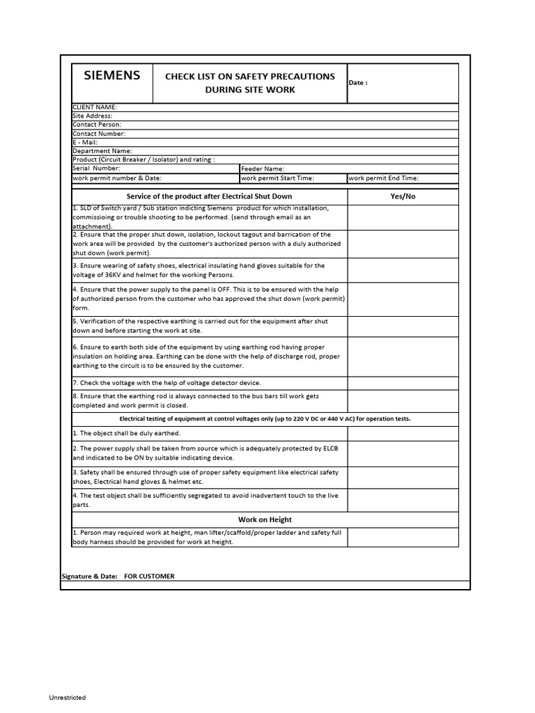 Siemens Electrical Safety Checklist | PDF | Power Supply | Power ...