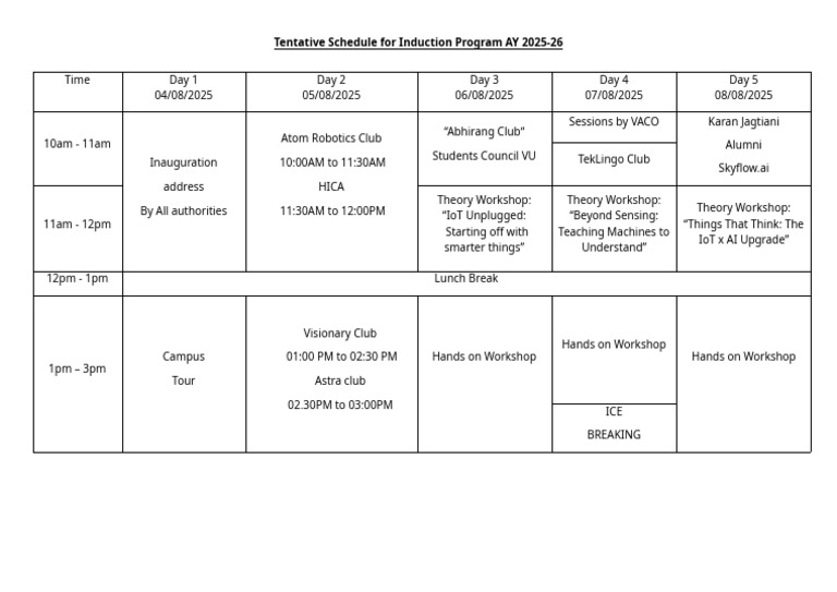Induction Program Schedule AY 2025-26 | PDF