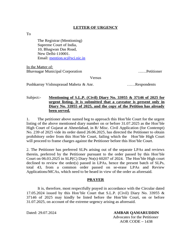 Letter of Urgency Bhavnagar MPL | PDF