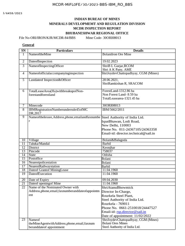 Bolani Iron Ore Mine Inspection Report | PDF | Mining | Minerals
