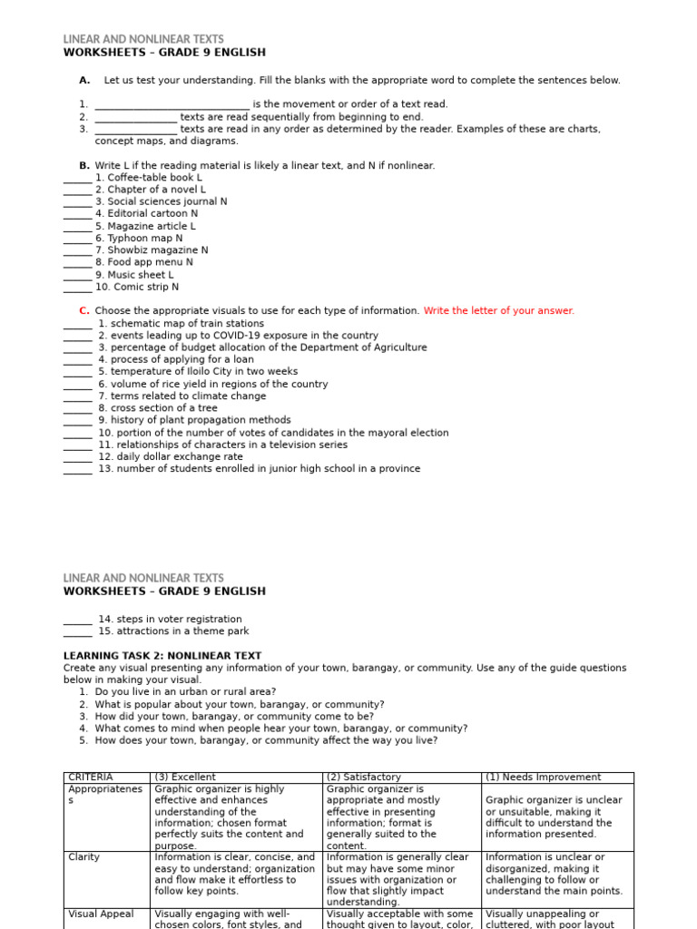 Linear vs Nonlinear Text Worksheets | PDF | Page Layout
