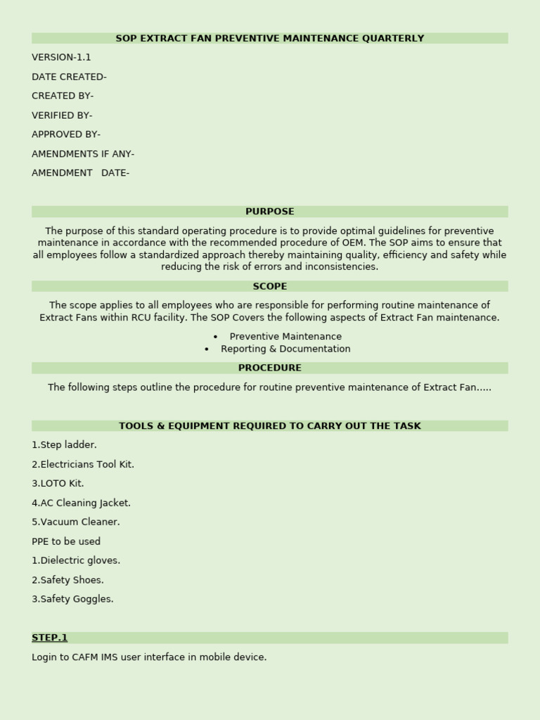Extract Fan Maintenance SOP Guide | PDF | Personal Protective Equipment